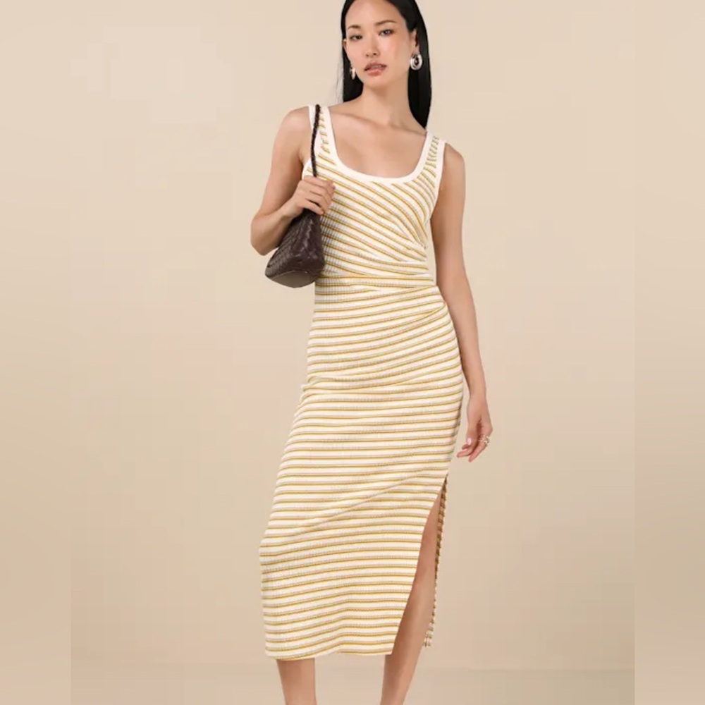 Lulus Edeva Yellow & Ivory Striped Knit Midi Dress NWT